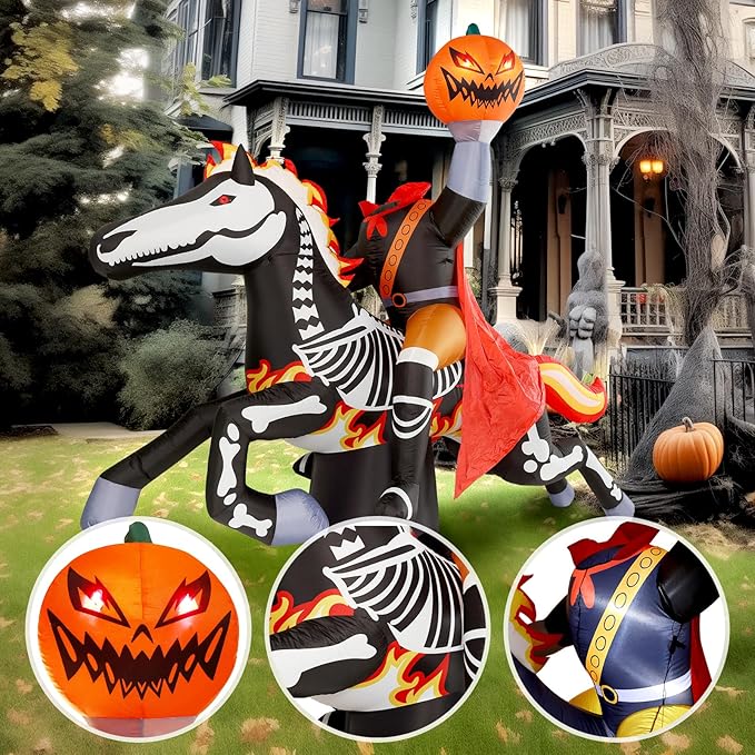 WBHome 9 Ft Halloween Inflatable Headless Horseman Outdoor Decorations, Day of The Dead Blow Up Yard Decor with Built-in LED Light (Plug in) for Lawn Home Dia de Los Muertos Party Indoor Outdoor