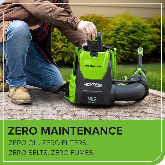 Greenworks 40V (660 CFM / 165 MPH) Brushless Backpack Leaf Blower, Commercial-Grade Power for Yards, Driveways, Patios, Includes 5.0Ah Battery & 5A Rapid Charger