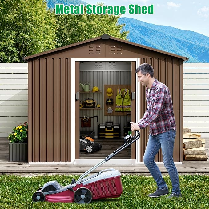 8X12 FT Large Metal Outdoor Storage Shed, Galvanized Steel Garden Tool Shed with Lockable Double Doors & Ventilation for Bicycles, Tools, Lawnmowers, Backyards, Patios, Lawns, Brown