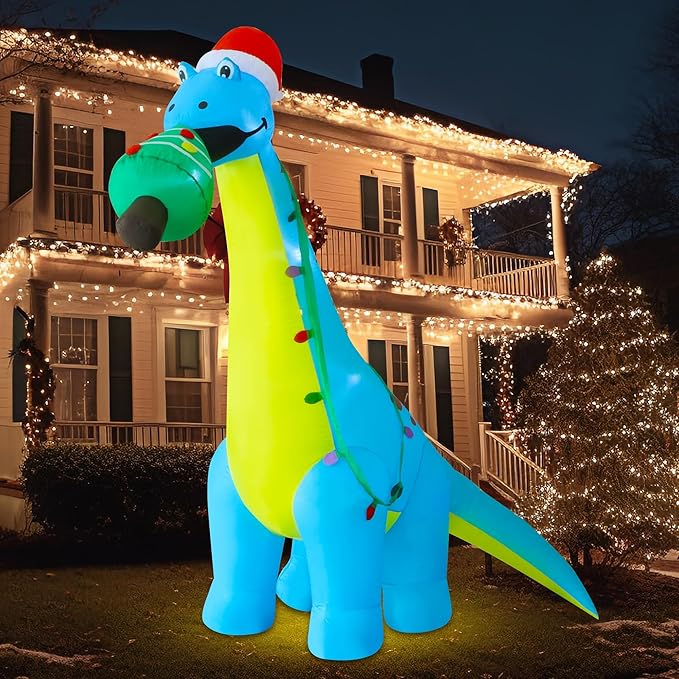 DR.DUDU 12 FT Christmas Inflatable Outdoor Decorations, Large Blow Up Dinosaur Inflatables with Santa Hat Christmas Tree Light up Giant Xmas Holiday Decor for Yard Lawn Garden Outside