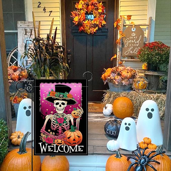 Artofy Welcome Halloween Gothic Skeleton Small Decorative Garden Flag, Pink Horror Skull Jack O Lantern Pumpkin Yard Lawn Outside Decor, Scary Flowers Burlap Outdoor Home Decoration Double Sided 12x18