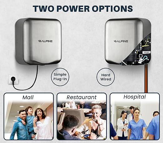 Alpine Industries Hemlock Automatic Hand Dryer - Heavy Duty Stainless Steel | 1800Watts | 110-120Volts (Brushed Stainless Steel)