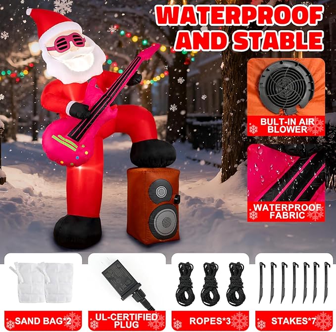 8ft Christmas Inflatable Outdoor Decorations, Blow up Yard Decor with Santa Claus Plays The Guitar and Sings While Stepping on The Speaker, Bright LED Lights Christmas Outdoor Decorations