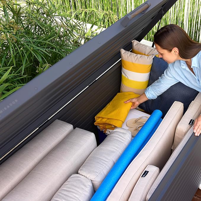 MIRADOR 281 Gallon Outdoor Storage Box Waterproof with Wheels, Metal Deck Boxfor Patio Furniture, Garden Tools, Outdoor Cushion, Charcoal