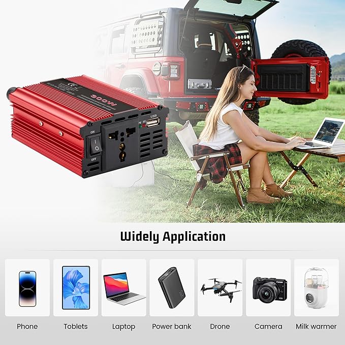 300W Power Inverter DC 12V to 110V AC, Durable Aluminum Housing Car Charger Adapter with 1A USB Charging Port, 1.6ft Car Plug in Cigarette Lighter Outlet for Phone, Laptop