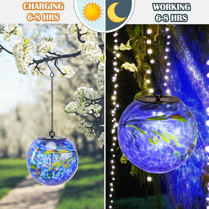 Solar Hanging Lanterns Outdoor Solar Glaze Glass Lantern Globe Hanging Outdoor Lights for Garden Yard Home Decoration Blue
