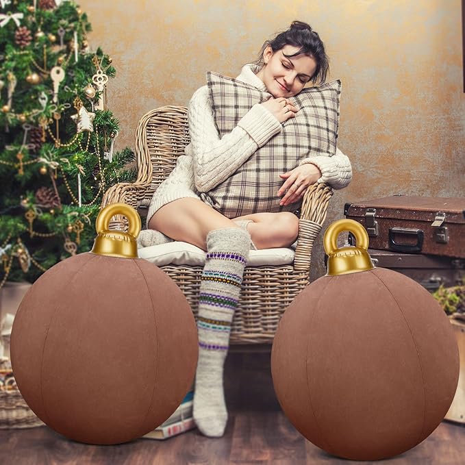 Jetec 3 Pcs 32 Inch Giant Velvet Christmas Inflatable Balls Ornament Flocked Xmas PVC Inflatable Flocked Ball Ornaments for Christmas Holiday Outdoor Blow up Yard Decor(Brown)