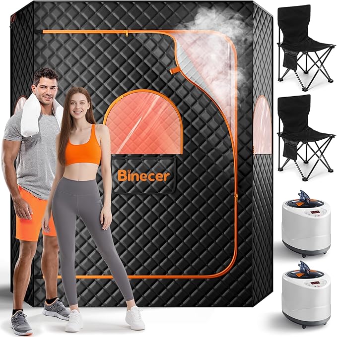 2 Person Sauna, Upgraded Large Sauna Box, Portable Steam Sauna for Home with 2 Steamer, 2 Folding Chair, Black