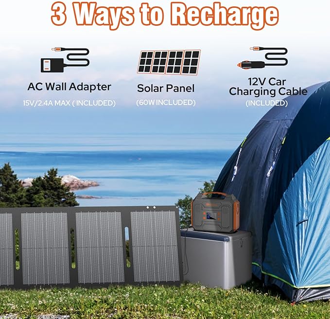 300W Portable Solar Power Station Generator with Foldable 60W Solar Panel Charger, 120W 110V Portable Power Bank with AC Outlet for Camping RV Van Home Outdoor Adventure Backup with USB C