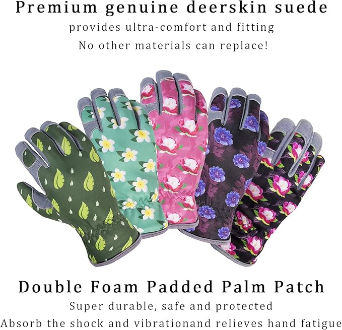 SKYDEER Women's Gardening Gloves - Genuine Deerskin Suede, Ultra-Soft Padded, Comfort Fit for Outdoor Work (SD6615/M)