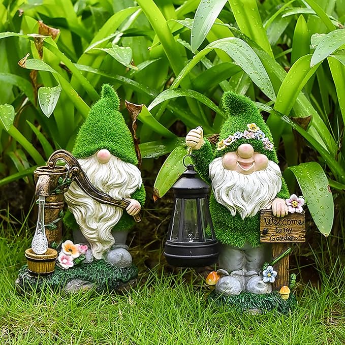 VINIUSIKI Solar Garden Gnome Statues with Lantern Light, Easter Outdoor Decorations for Porch Patio, Gifts for Women and Men, Decorative Resin Statue for Outdoor Patio Yard