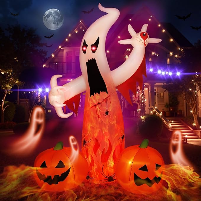 8FT Halloween Inflatables Ghost Decorations with Built-in LED Lights,Blow Up Scary Red Eye Pumpkin for Outdoor Halloween Party Garden Lawn Holiday Decor