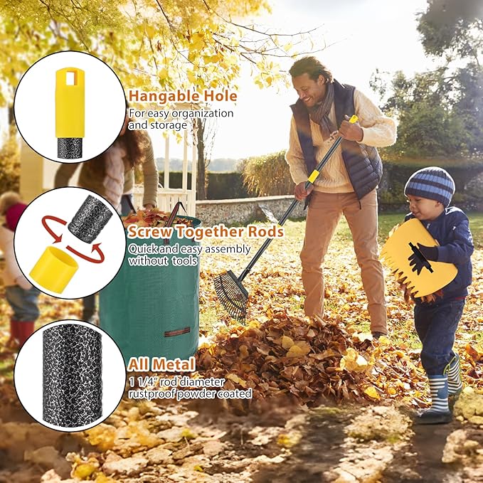 Rake, Garden Leaf Rake Set, 78 Inch Long 18 Inch Wide Heavy Duty Leaf Rake with 25 Metal Tines, 32 Gallon Leaf Bags, Leaf Scoops, Yard Garden Thatching Rake for Leaves with Adjustable Handle