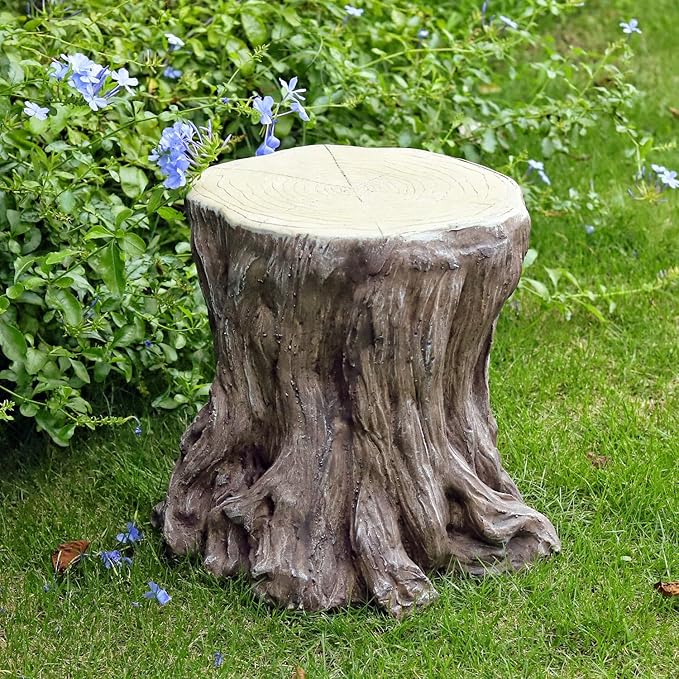 13''H Tree Stump Statue Stool with Faux Wood Grain Finish Magnesium Oxide Stump Sculpture Stump Side Table Garden Pedestals Tree Stump End Table for Indoor/Outdoor Patio Yard Garden Porch Decor