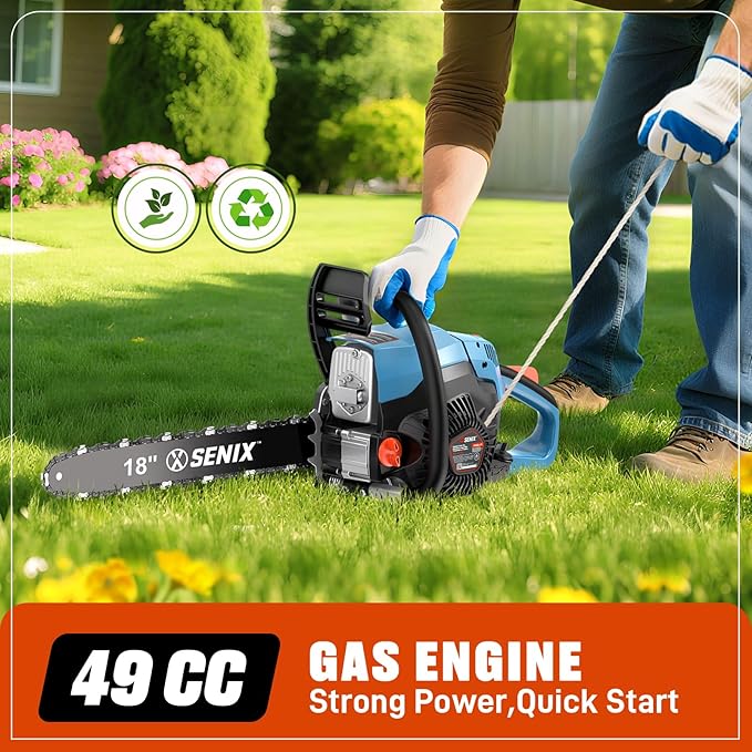 SENIX 4-Cycle 18-Inch Gas Chainsaw | 49cc Cordless Chain Saw for Wood Cutting, Tree Trimming, Farm & Home Garden Use | No Fuel Mixing, Automatic Oiler & Quick Start Engine