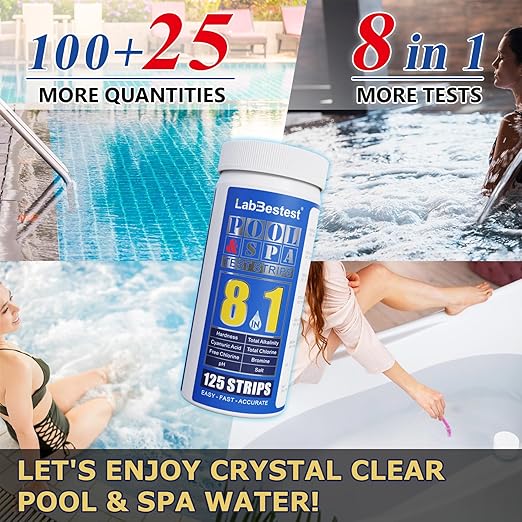 Pool Salt Test Strips - Salt Water Pool Testing Kit - 125 Swimming Pool Spa Hot Tub Test Strips - Rapid Accurate Easy to Test Hardness, Bromine, pH, Salt and More (8-Way)