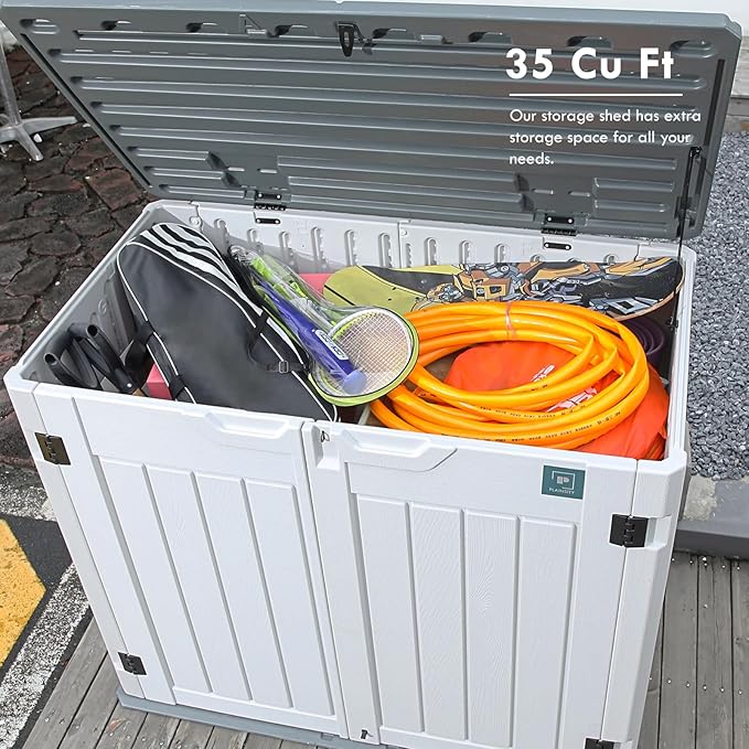 35 Cu.ft Outdoor Storage Shed, Large Resin Storage Box, Waterproof & Lockable Cabinet for Garden Yard Patio Garage Backyard Storage (White - 35 Cu. ft)
