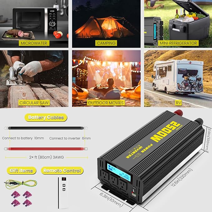 2500 Watt Modified Sine Wave Power Inverter, 12V DC to AC 110V/120V (Peak) 5000W Converter 3 Outlet Car Inverter with Remote Control and LED Display 3.4A USB Port
