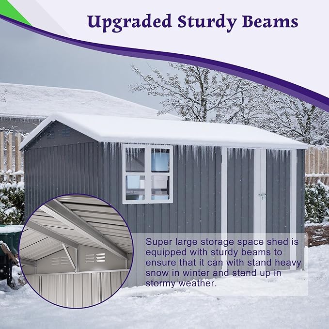 10X8FT Outdoor Steel Storage Shed with Clear Window, Lockable Doors, Weather-Resistant Metal Tool Shed for Garden, Backyard, Patio, and Utility Storage,Gray