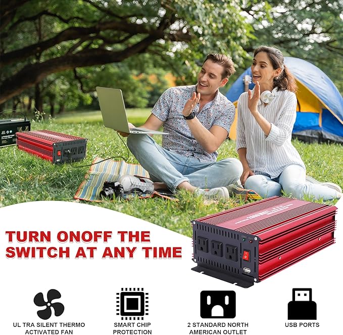 Power Inverter 2000 Watt, Modified Sine Wave Power Converter 2000W DC 12V to 110V AC Car Inverter with 2.4A USB Ports 3 AC Outlets Red