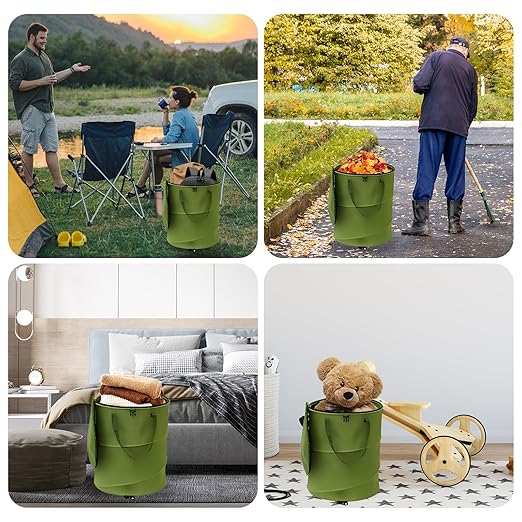 Reusable Lawn and Leaf Garden Bag, Collapsible/Pop Up Trash Can, 18x22 In Garbage Can and Recycling Bin with Lid for Home Storage, Laundry, Camping, Garden (2Pcs-Green 24 Gallons)