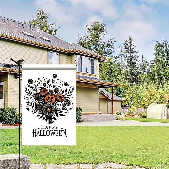 Halloween Garden Flag 12x18 Inch Pumpkin Ghost Floral Bouquet Yard Banner Happy Halloween Outdoor Decoration Double Sided Seasonal House Flag for Porch Patio Lawn Garden Party Fall Decor