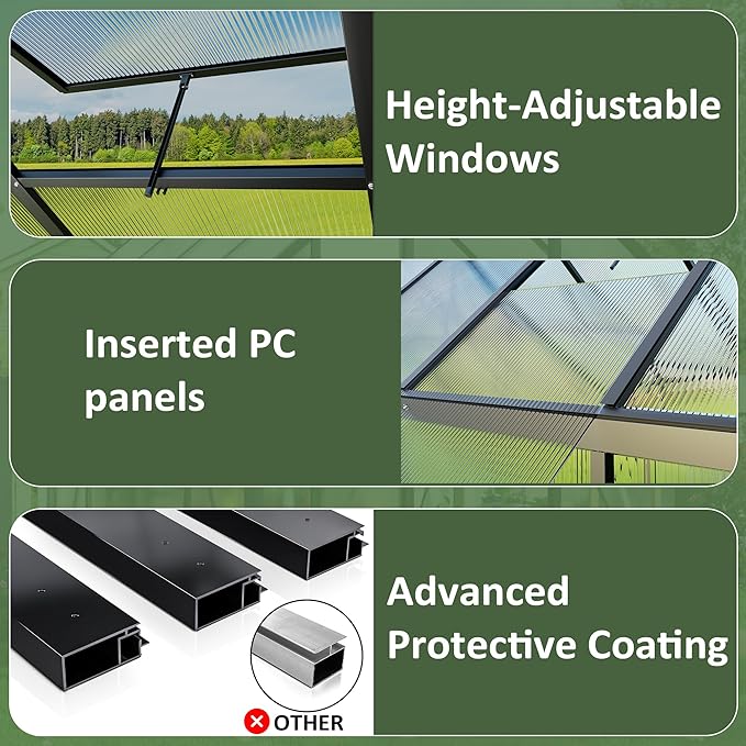 4x6 FT Quick Setup Polycarbonate Greenhouse with Roof Vent, Large Aluminum Walk-in Green House for Outdoor Garden Backyard, Black