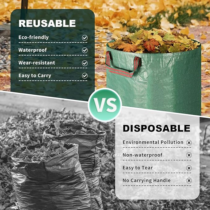 Reusable Yard Waste Bags, 72 Gallons Lawn and Leaf Bags Heavy Duty Garden Waste Bags with Reinforced Handles, 3 Pcs Foldable Leaf Collector Bag for Loading Garden Leaves, Trash - Green