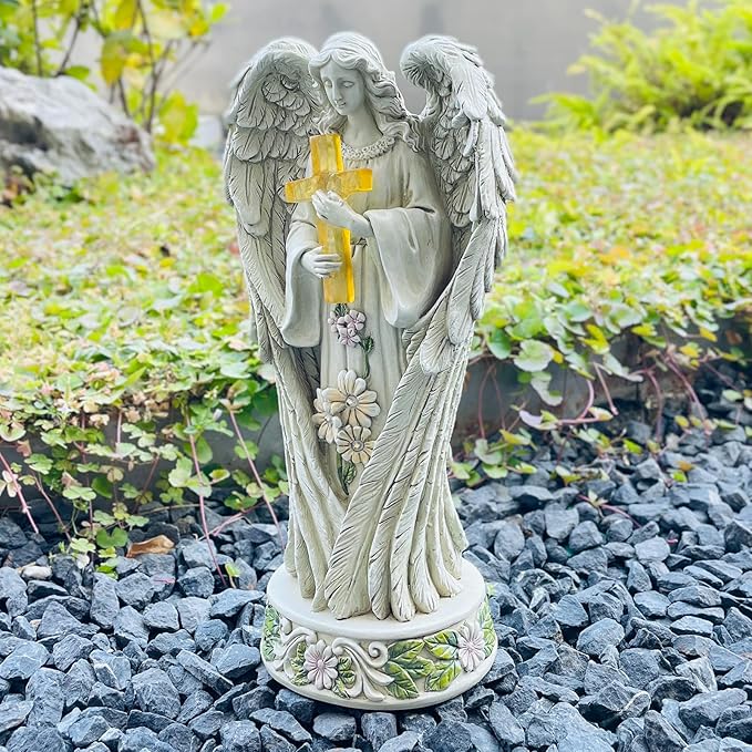 Angel Statue for Garden, Solar Angel for Cemetery Decorations, Unique Funeral Memorial Gifts, Praying Angel Cross Memorial Statue