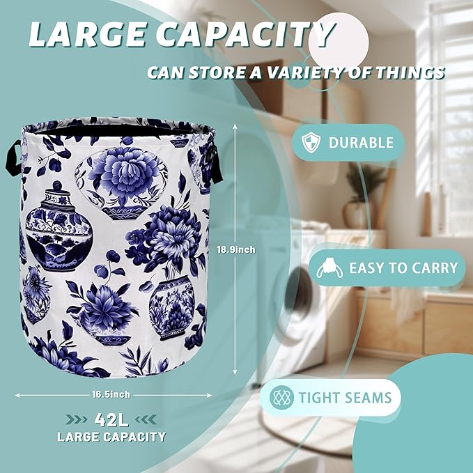 Blue White Floral Laundry Basket Foldable With Handles Vase Flower Tote Bag Oxford Cloth Color Laundry Hamper Clothes Storage Bucket Toy Organizer For Bathroom/Laundry/Bedroom 18.9"x16.5 "