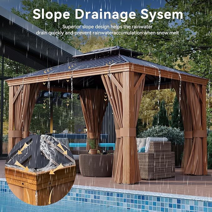 Aoxun 10' x 12' Hardtop Gazebo, Wooden Finish Coated Aluminum Frame Canopy, Galvanized Steel Double Top, Outdoor Permanent Metal Pavilion with Curtains and Netting, for Backyard, Patio and Deck