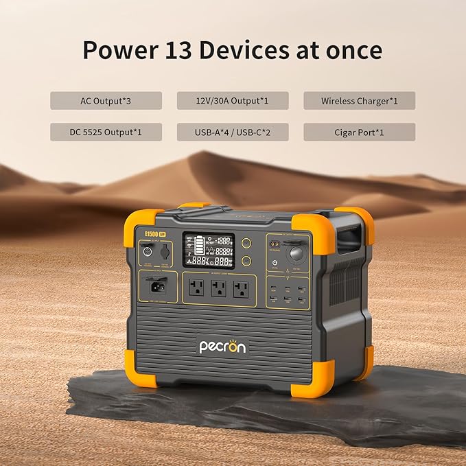 pecron E1500LFP Solar Generator with 2x200W Solar Panels, 1536Wh Portable Power Station, 2200W LiFePO4 Battery Backup for Home Use, Camping, RV