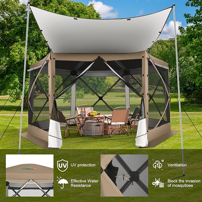 COBIZI 12x12 pop up Gazebo on Clearance Screen Tent for Camping, Scalable Sesign Outdoor Canopy Tent with Extension Support Poles & sidewalls,with Portable Carrying Bag and Ground Stakes,Khaki