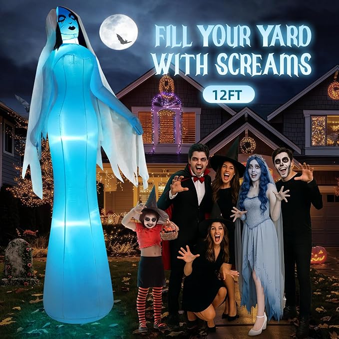 12FT Giant Halloween Inflatables Ghost Bride, Halloween Decorations Outdoor Blow Up Yard Decorations Built-in Whole-Body Blue Glowing LED Lights Huge Halloween Blowups for Outdoor Holiday