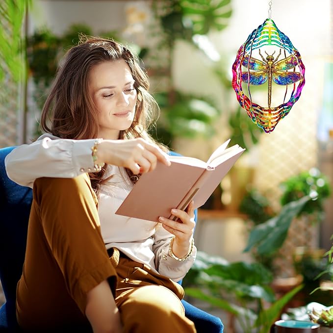 FLAGWIX Christmas Dragonfly Gifts for Women - 3D Stainless Steel Metal Wind Spinners 12 in - Dragonfly Wind Spinners Outdoor, Yard Garden Decor for Outside, Christmas Garden Gifts for Mom Grandma