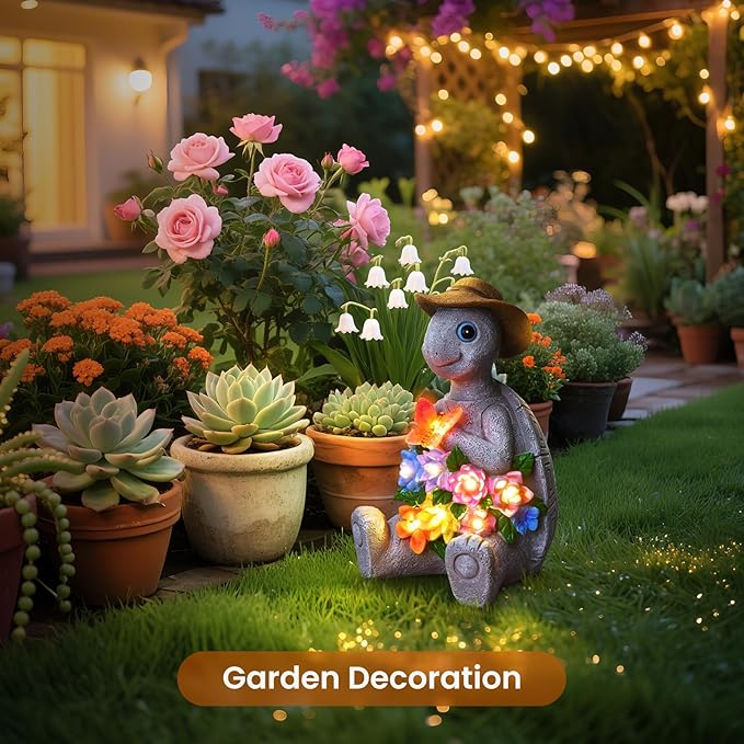 Solar Garden Outdoor Statues Turtle with 8 LED Lights, Yard Decor Tortoise for Patio, Balcony, Porch Ornament, Birthday Gifts for Mom, Housewarming Gifts for Women