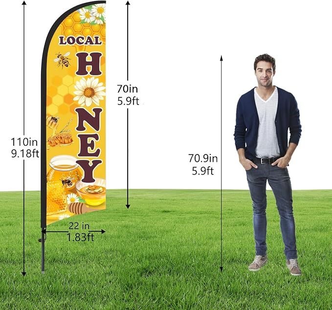 Honey for Sale Sign Feather Flag, 9.18FT Double-Sided Outdoor Advertising Swooper Banner with Pole Kit & Ground Stake – Tear-Resistant Polyester Feather Flag for Shops, Events & Promotions