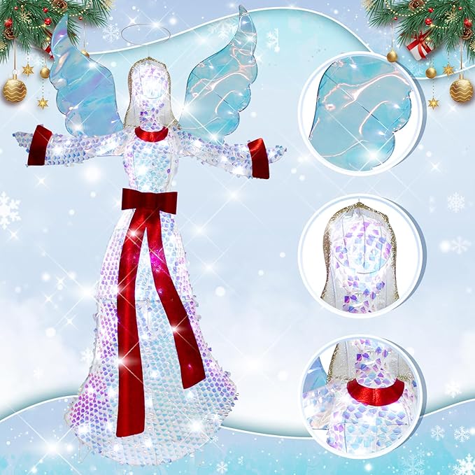 5FT Lighted-up Angel Christmas Decoration, 3D Halo Wings Angel Glitter Decor with LED Lights, Holiday Decorate The Yard Garden Lawn Porch