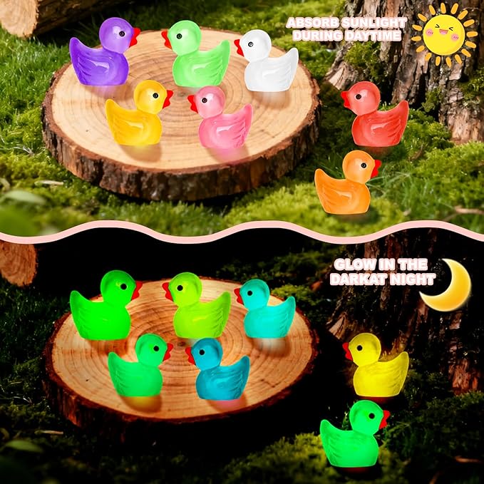 280 pcs Luminous Mini Resin Ducks, Glow in The Dark Tiny Ducks Figures to Hide, Bulk Plastic Duck Miniature for Dollhouse Micro Landscape Aquarium Potted Cake Decor DIY Craft Gifts Party Favors