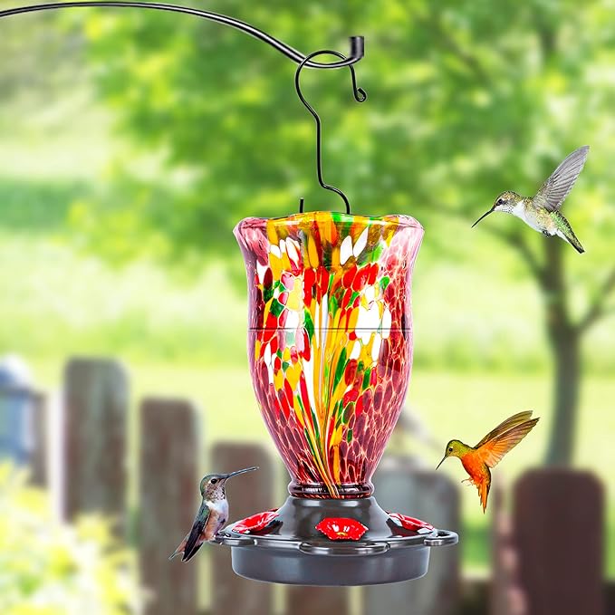 LUJII Bloom Shaped Hummingbird Feeders for Outdoors, Hand Blown Glass Humming Bird Feeder for Outside Hanging, Leak Proof & Metal Base Top, 25 fl.oz Capacity, Gifts for Bird Lovers, Purple