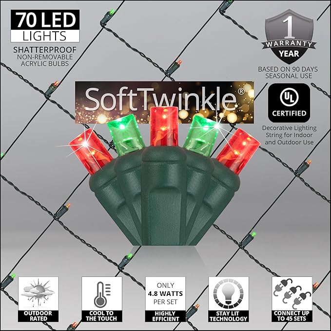 Wintergreen Lighting SoftTwinkle Pulsing Net Lights, Outdoor Twinkling Christmas Lights, Green Wire (70 Lights, 4' x 6', Red/Green)