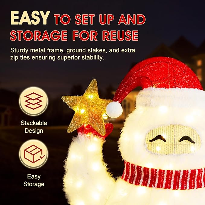 Glitzhome 3.5FT Lighted Christmas Snow Monster Decor, Large White Outdoor 3D Christmas Holiday Fabric Yeti Decoration w/ 130 LED Lights, for Xmas Lighted Holiday Display Indoor Outdoor