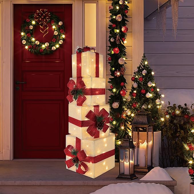 Set of 4 Christmas Lighted Gift Boxes, 70 LED Stackable Light Up Present Boxes for Christmas Decorations Indoor Outdoor Yard Lawn Porch Home Decor(Max. 10")