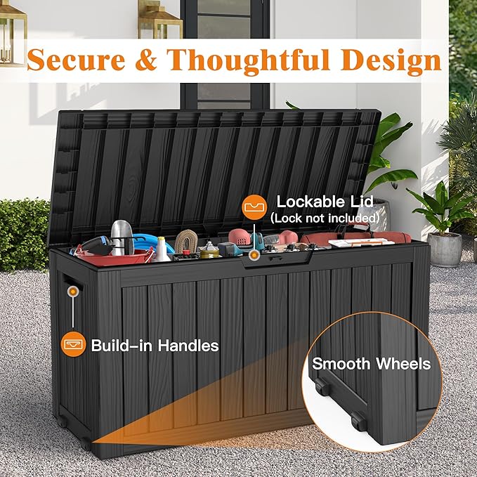 Outdoor Storage Box, Deck Box Waterproof 72 Gallon, Resin Outside Storage, Storage Bin for Package Delivery, Patio Furniture Cushion, Pool Accessories, Weatherproof and UV Resistant, Black