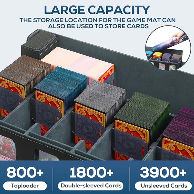 5-Row MTG Deck Box with Commander Display, Trading Card Storage Box for MTG TCG Sports Card，Card Deck Box with 1 Sieve box, 5 Toploaders, 5 Stoppers, 36 Colorful Dividers (Black & Grey)