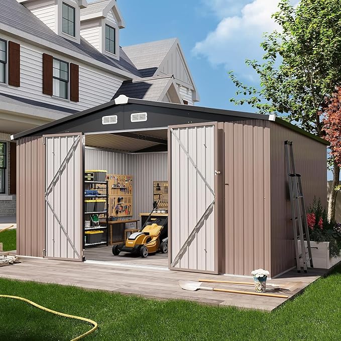 Aoxun 12x10 FT Shed Outdoor Storage Shed with Large Doors & Galvanized Steel, Large Shed Steel Utility Tool Shed Storage House with Door & Lock, for Patio Lawn Garden Sand, Brown