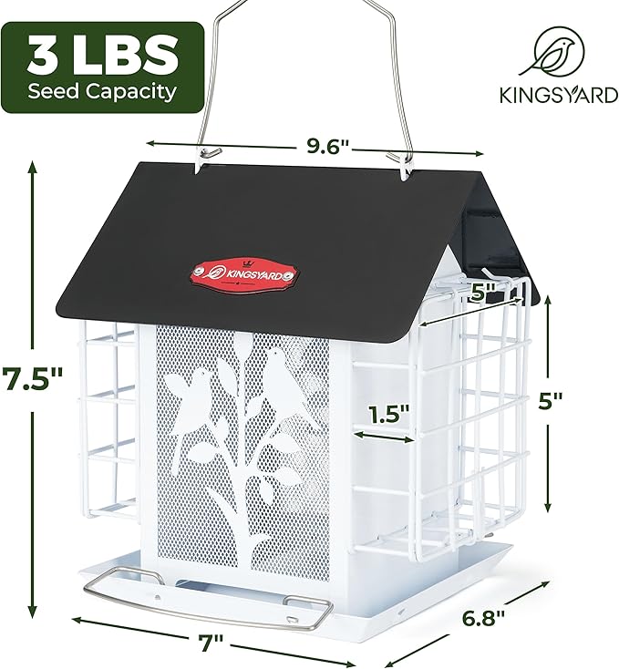 Kingsyard Metal Bird Feeder for Outdoor Hanging, Wild Bird Feeder with Double Suet Cage, Weatherproof Roof and 3 lbs Large Seed Capacity, White