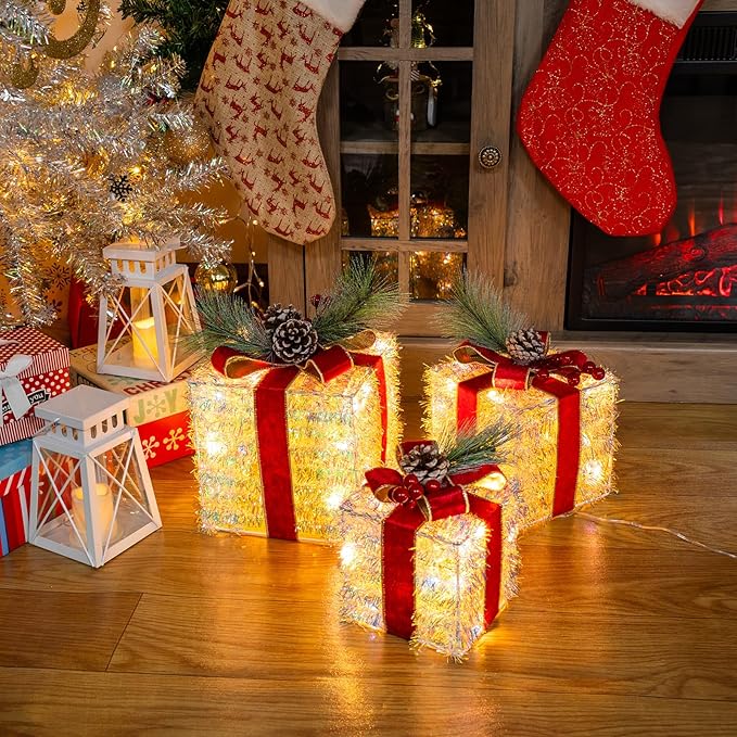 Set of 3 Christmas Lighted Gift Boxes Plug-in 60 Led Light Up Boxes Ornaments for Christmas Decorations Indoor Outdoor Home Yard Xmas Tree Holiday Party Lawn Porch (Tinsel)