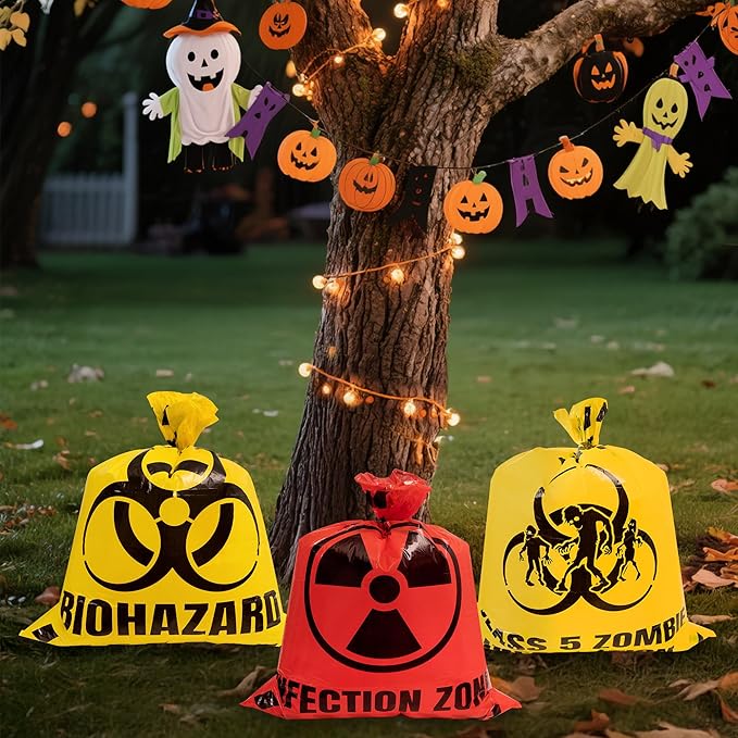 CNhoqc Halloween Lawn Trash Bags - 24Pcs Zombie Warning Reusable Waste Bags with Twist Ties, Fallen Leaf Grass Clipping Trash Container, Heavy-Duty Plastic for Biohazard Parties Outdoor Decorations