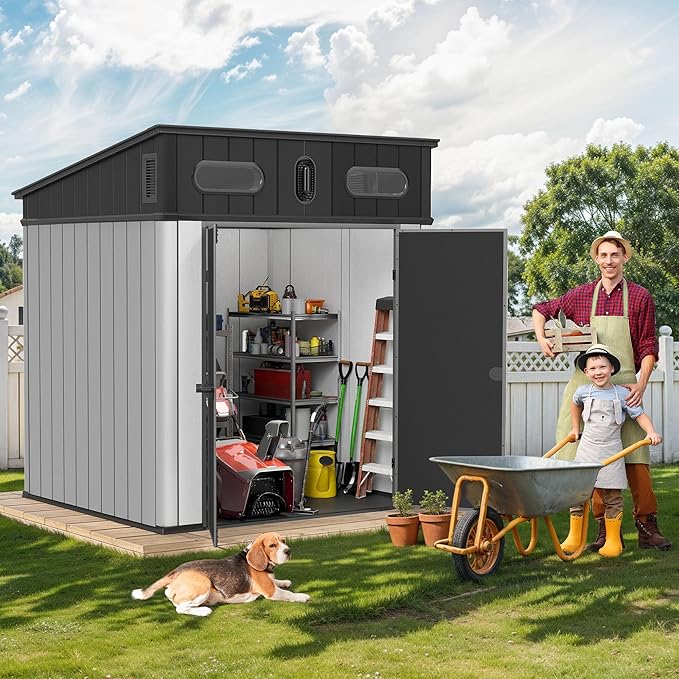 DWVO 6x6 FT Outdoor Storage Shed, All-Weather Resin Garden Tool Shed with Floor & Lockable Door, Plastic Outside Tool Garden Shed with Windows & Vents for Backyard Garden Patio Lawn, Black&Gray